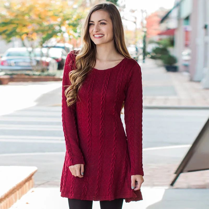 Wool Knitted Cotton Women Autumn Winter Sweater Dress Long Sleeve Dress ...