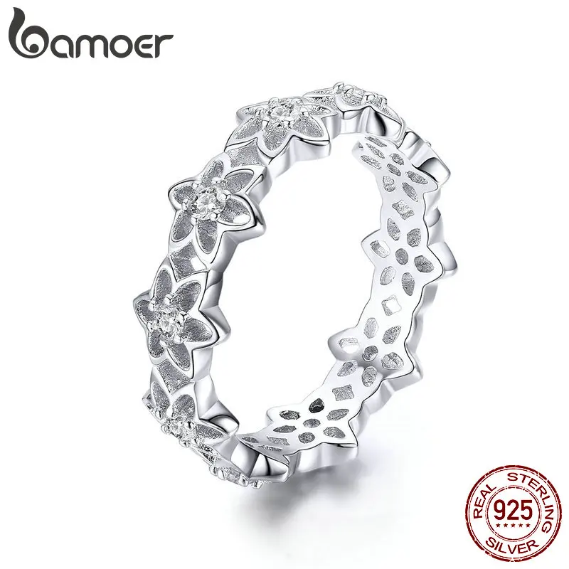 

BAMOER Floral Stackable Authentic 925 Sterling Silver Openwork Finger Rings for Women Match-joker Silver Girl Jewelry GAR029