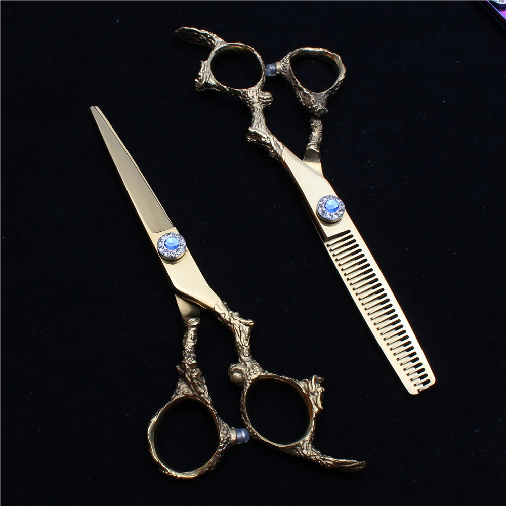 

5.5" 16cm 440C Customized Logo Golden Barber Shop Normal Scissors Thinning Shears Professional Hair Scissors Styling Tool C9005