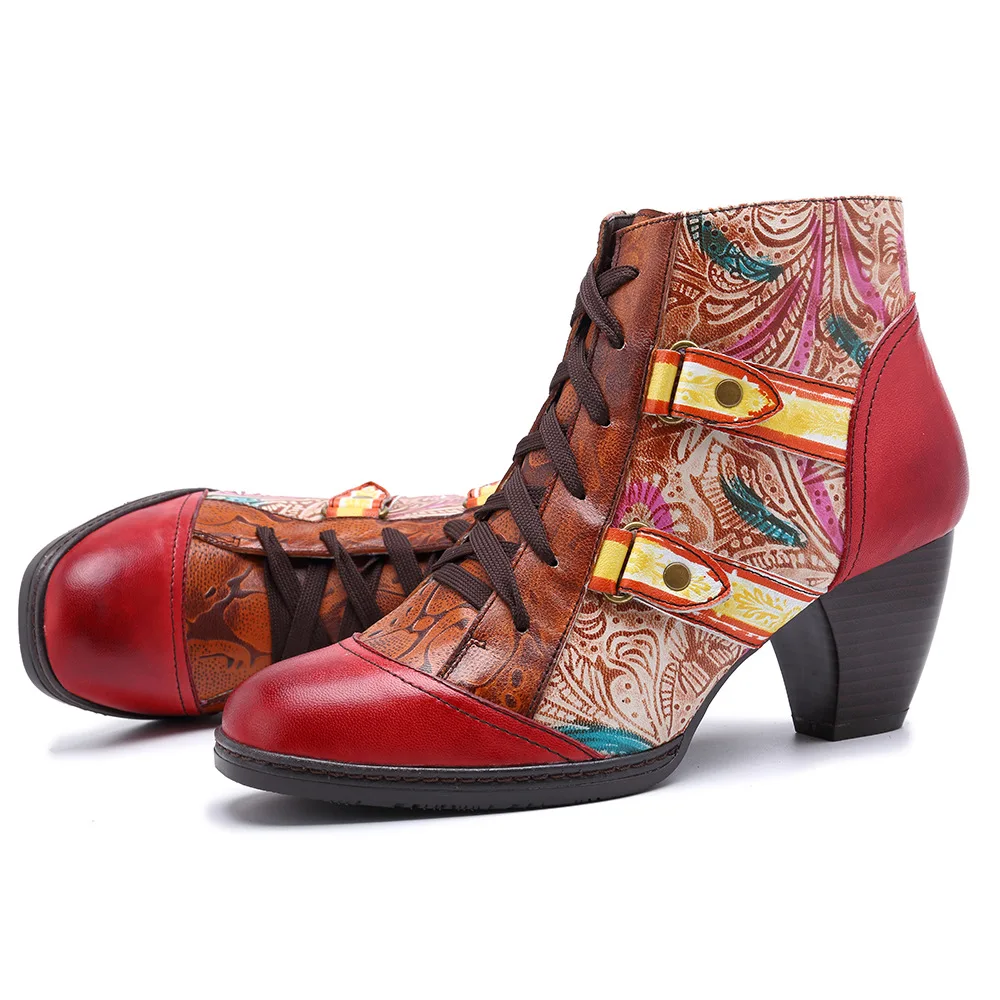 

Johnature Cross-tied Zip 2019 New Genuine Leather Ankle Boots for Women Spring Autumn Ladies Shoes Woman Flower Bohemia Booties