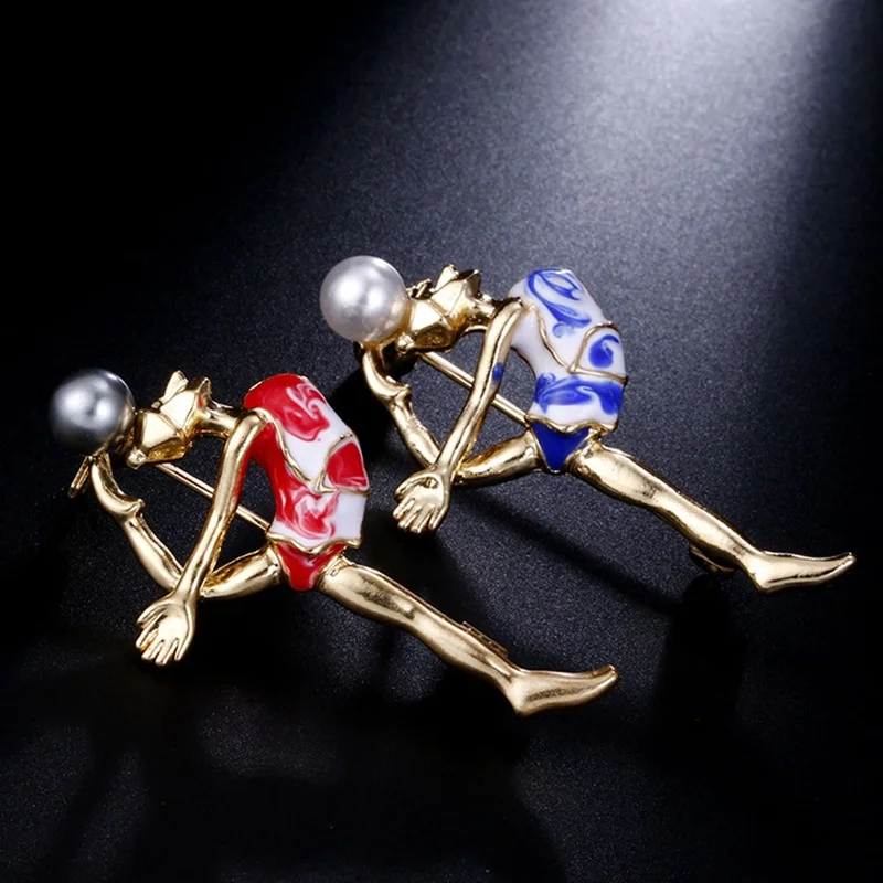 

New Mode Style Alloy Metal Sport Gymnastics Girl Brooches Simulated Pearl Smooth Enamel Polish Clothes Suit Sweater Brooches