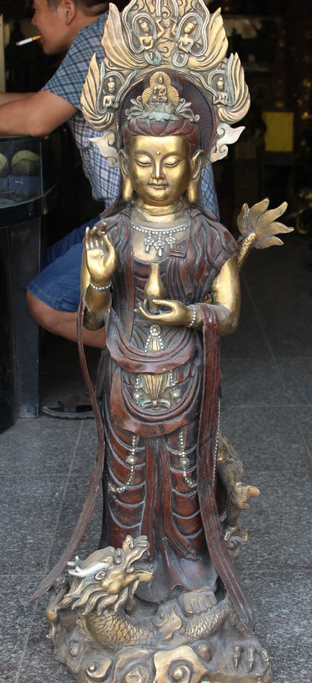 

45" Huge Chinese Bronze Gilt Silver Stand Dragon Kwan-yin Guanyin Buddha States