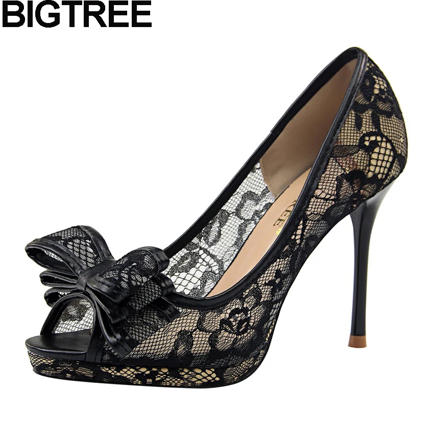 

BIGTREE Women Pumps Peep To High Heels Butterfly Knot Bow Tie Women Lace Shoes Slip On Shallow Platform Stilettos Dress Shoes