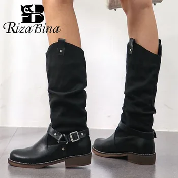 

RIZABINA Size 34-48 2020 Woman Retro Rivets Buckle Winter Boots Fashion Flats Knee High Boots Slip On Daily Long Boots Footwear