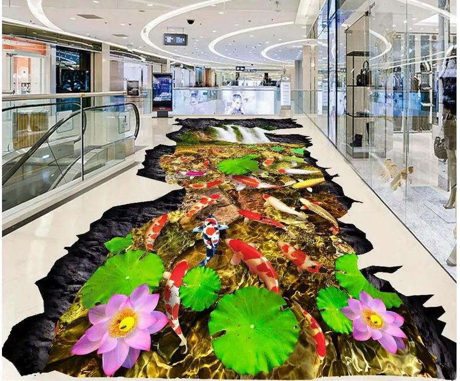 

3d floor painting wallpaper 3D waterfall pond carp floor painting floor wallpaper 3d for bathrooms