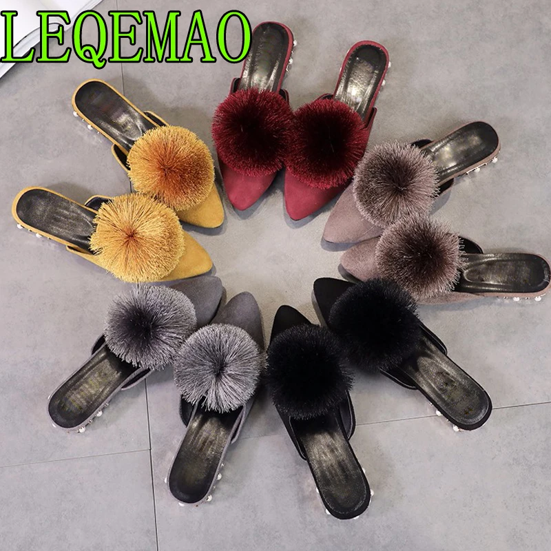 

Women Fur Slippers Warm Plush Home Slides Slip On Pompon Mules Flip Flops Balls Shoes Flat Women Shoes Zapatillas Mujer