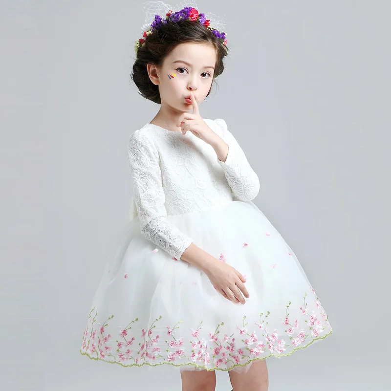 

2016 High quality white full dress long sleeve girls lace dress embroidery wedding gowns Party dresses vestido branco de fiesta