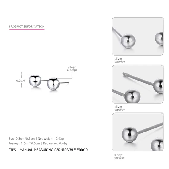 Tardoo Размер 6 Настоящее Стерлингового Серебра 925 Серьги Стержня для Женщин Классический Минималистский Мяч Серьги Ювелирных Украшений - Цвет камня: 3mm silver