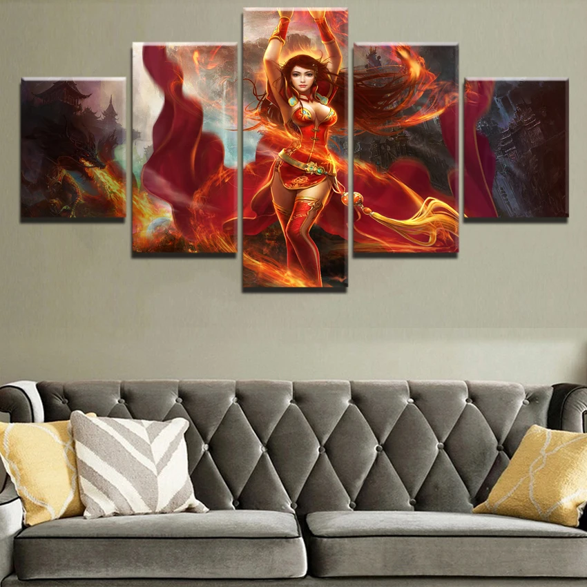  5 Panel DotA 2 Fantasy Fire Flame Goddess Lina Painting Canvas Wall Art Picture Home Decor Living R