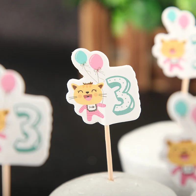 

24pcs Cute Animal Cat Monkey Cake Cupcake Topper Kids Three years Old Birthday Party Decoration Supplies Baking Cake Toppers