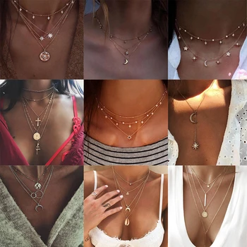 

26 Style Bohemian Vintage Multilayer Pendant Necklace for Women Seashell Star Moon Choker Necklace 2019 Collares Iparan Jewelry