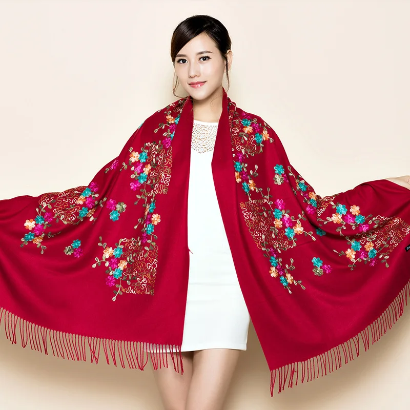 

Women Blanket Quality Soft Cashmere Scarves Flower Embroidery Warm Long Shawls Winter Knitted Scarf All Match Pashmina Wrap