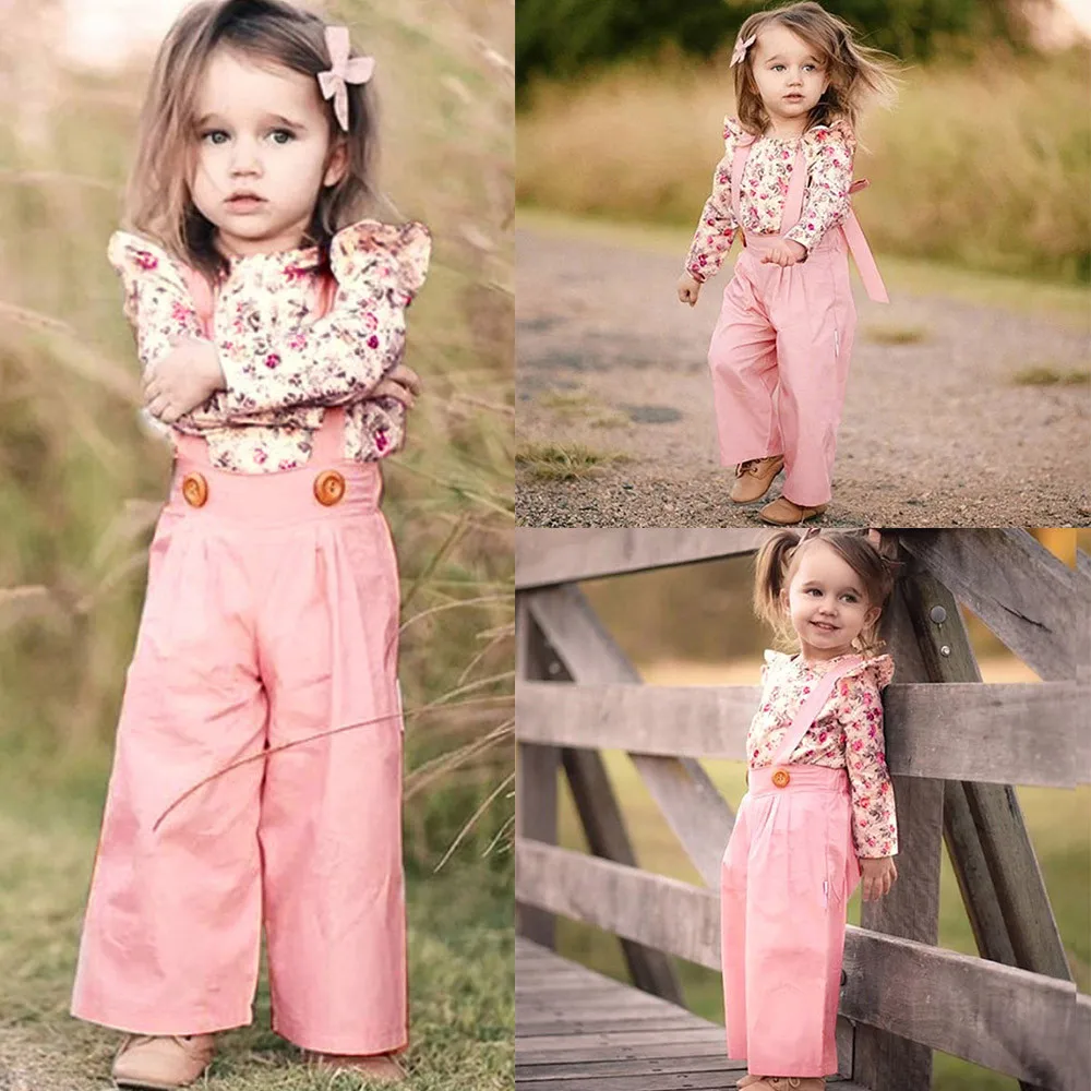 

Toddler Baby Girls Floral Tops+Solid Overalls Pants Long Sleeve Clothes T-Shirt Outfits Print Cotton Girl Jumpsuit 12M-4T 2019