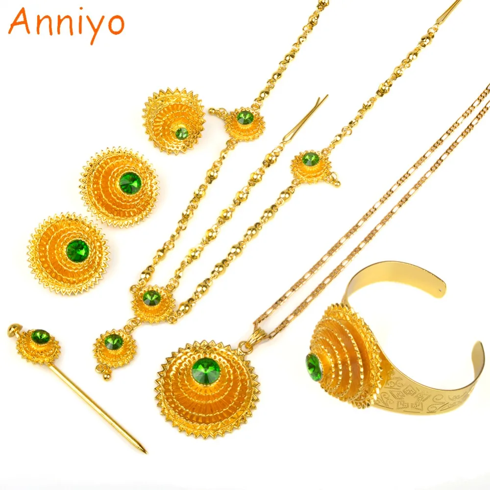 

Anniyo Ethiopian Jewelry set Gold Color Green Stone With Hair Piece Hair Pin Women Fashion Eritrea Habesha African #002117