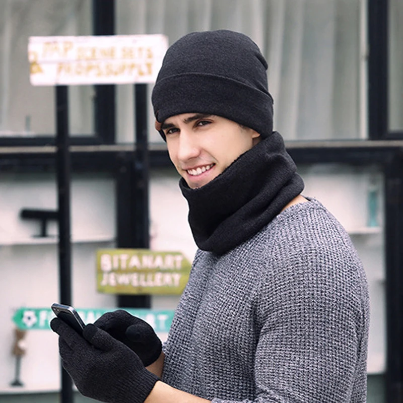 LOOZYKIT мужской теплый комплект шарф перчатки шляпа круг шеи экран сенсорный палец Кашемир теплая шапка шарф Сенсорный экран перчатки из трех частей