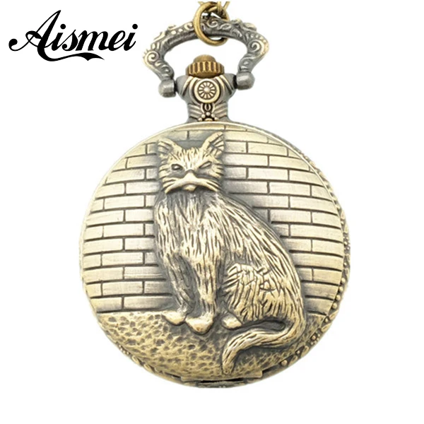 2017 New 1 Bronze Tone Necklace men and women Chain Old Cat Quartz Pocket Watch european and american movies aladdin and the magic lamp quartz pocket watch do the old flip quartz watch chain table ds274