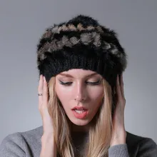 2016 Winter Women Rex Rabbit Fur Hat With Fur Top Fashion Knit Fur Hats Elasitc Good Quality Women Beanies