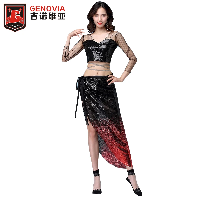 

Women Belly Dance Costume Mesh Training Clothes 3pcs Long Sleeves Blouse +Sparkling Sequins Skirts +Safety pants M-XL