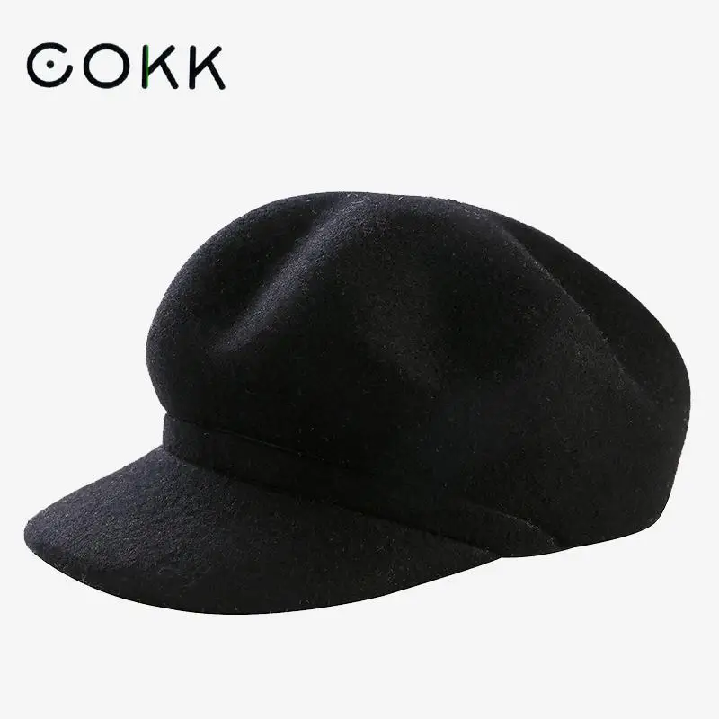

COKK 100% wool Beret Female Winter Hats For Women Pompom Fur Peaked Flat Cap Boina Ladies Girls Berets Cap England Style Hat New
