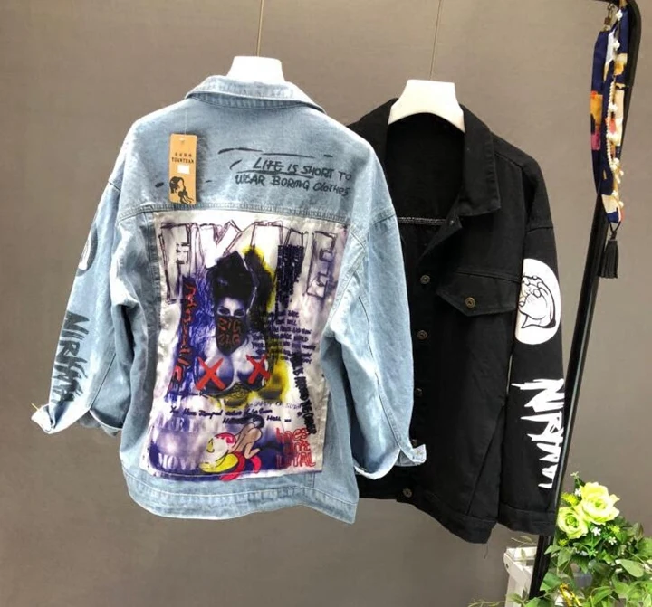 VUW Brand Women's Denim Jacket Fashion Graffiti Patch Designs Loose Jean Coat Female Casual Jaqueta Feminina Ladies Outerwear