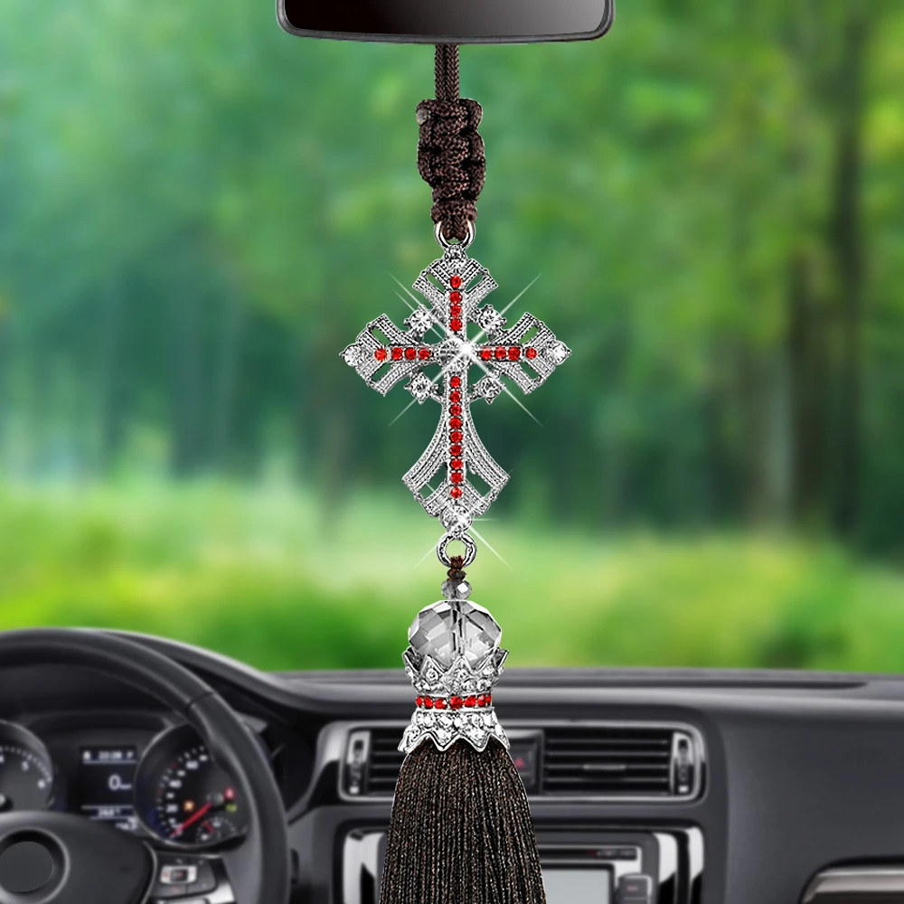 Автомобильный кулон с кристаллами и бриллиантами, украшение в виде Креста Иисуса, распятие для автомобильного зеркала заднего вида, христианский декор, подвесные аксессуары