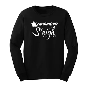 

Mens Sleigh All Day Christmas Gift Graphic Long Sleeve T-Shirts Casual Men Tee