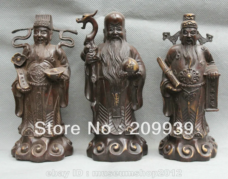 

00389 China Chinese Bronze Fengshui 3 Longevity God Fu Lu Shou Life Buddha Statue Set