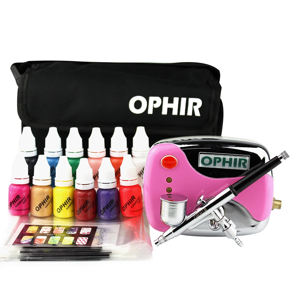  OPHIR Airbrush Nail Art Set 0.3mm Airbrush Kit with Air Compressor 12 Color Inks 20x Stencils Brush