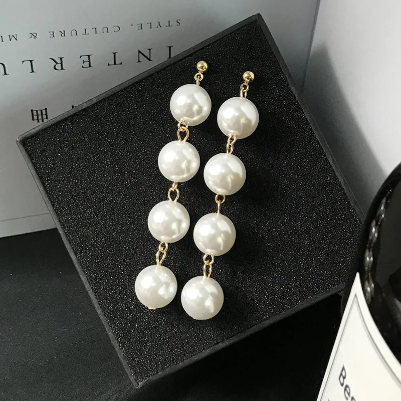 New Personality Wild Simple Temperament Earrings Exaggerated Large Pearl Tassel Long Beaded Prevent Allergy | Украшения и