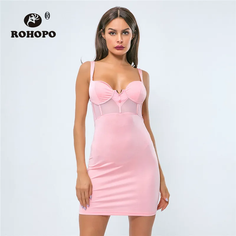 

ROHOPO Women Summer Strapless Dress Spaghetti Strap High Wait Patchwork Mesh Backless Adjustment Strap Buckle Sexy Casual Dress