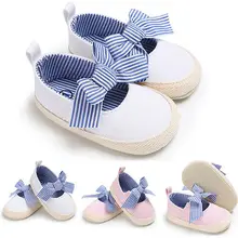 Нескользящие Детские кроссовки с бантиком для новорожденных девочек; белые, розовые кроссовки в полоску с мягкой подошвой; мягкая детская обувь для первых шагов