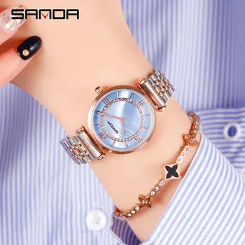 

2019New SANDA-P1011women watch decent rose steel band set auger mother dial waterproof watch elegance quartz luxury ladies watch