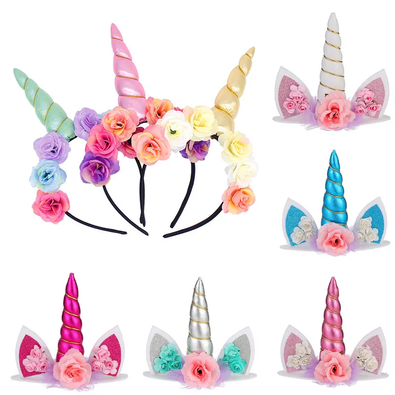 

Unicorn Horn Headbands for Girls and Adults Gold Pink Glitter Cat Ears Headband Flowers Headwear Accessory for Party Decoration