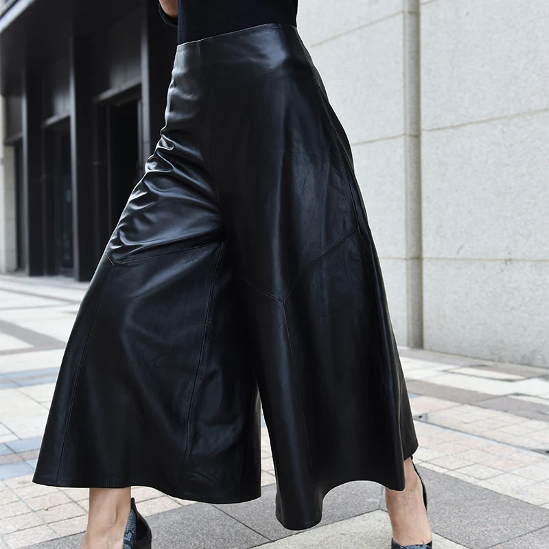 2022 High Quality Luxury Women Ankle-Length Trousers Genuine Leather High Waist Wide Leg Pants Casual Loose Fit Pantalones Mujer