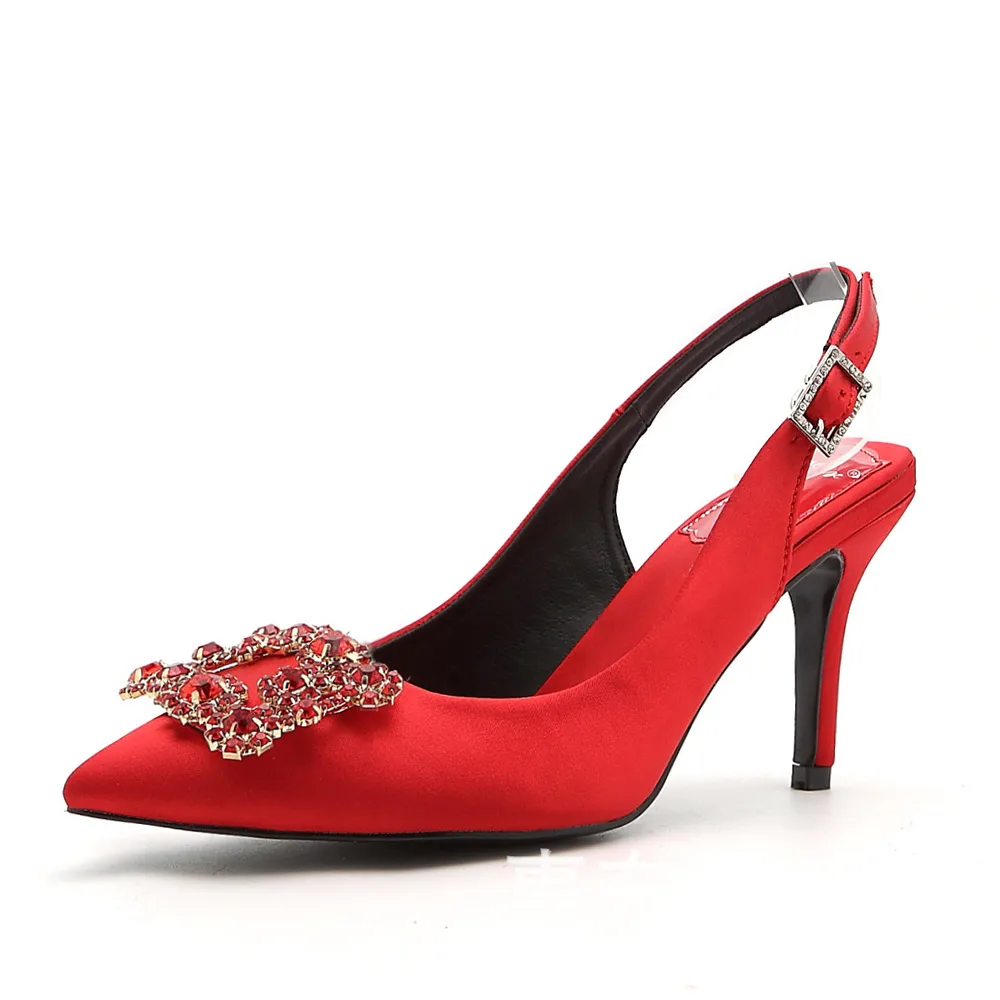 WEIQIAONA Новинка весны женские туфли-лодочки на высоком каблуке элегантная обувь с пряжкой и стразы свадебные туфли с острым носком, брендовые дизайнерские сандалии - Цвет: 8cm heel red