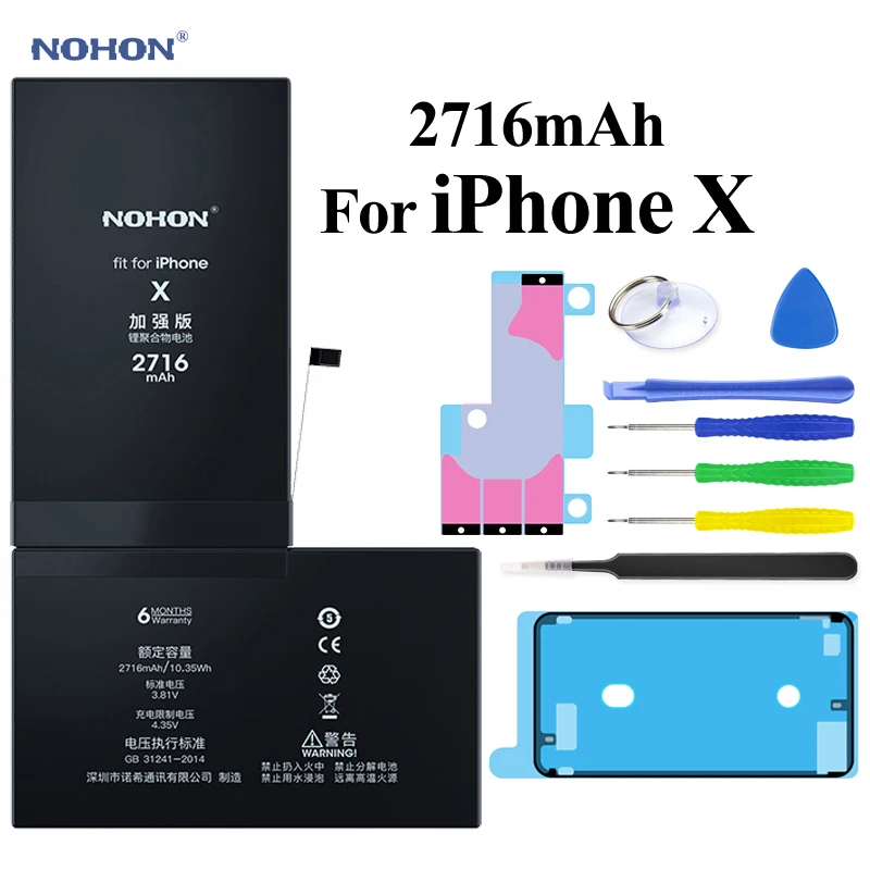 Nohon Аккумулятор для Apple iPhone X 6 6s 7 8 iPhone6 iPhone6s iPhone7 iPhone8 iPhoneX 2100mAh-2716mAh сменный литий-полимерный батарея+ бесплатный инструмент For Apple iPhone X 6 6s 7 8 6G 7G Мобильный телефон батарея