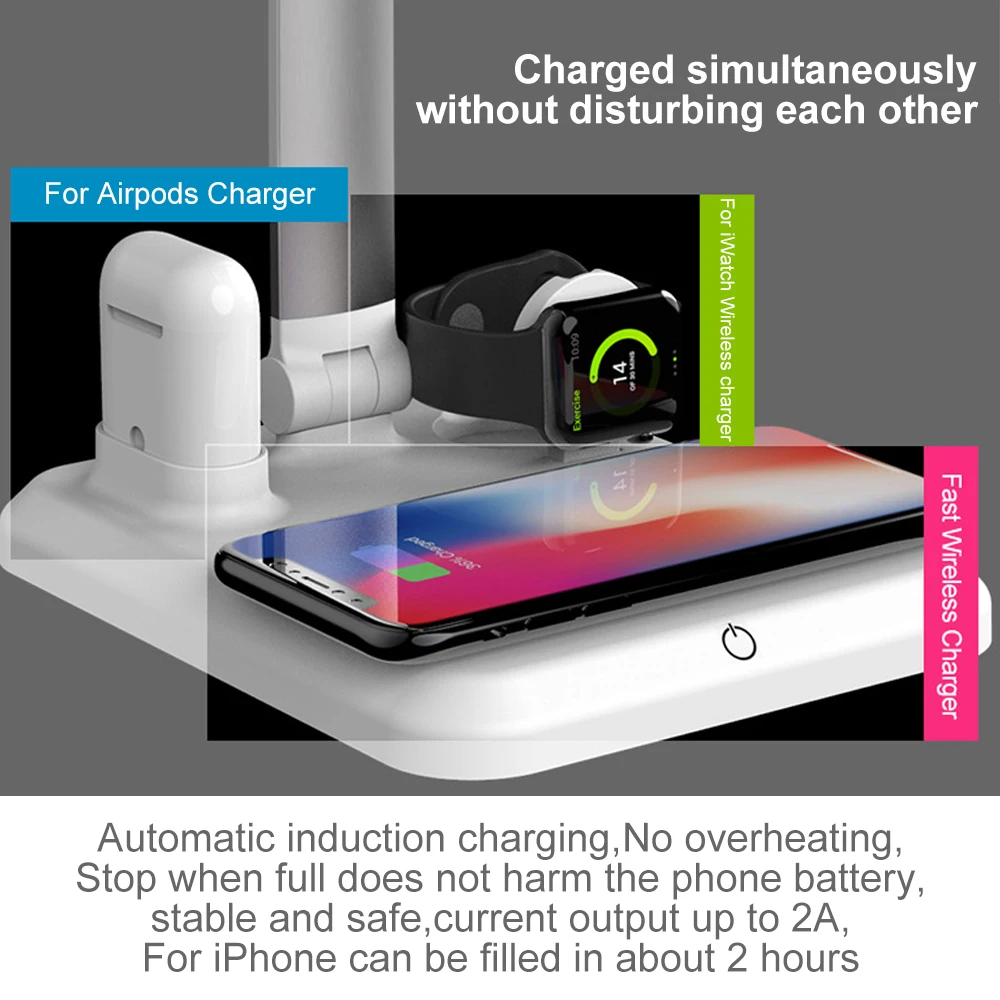 

PORTEFEUILLE Induction Fast Qi Wireless Charger for Iphone X XSMAX XR 8 Plus XS headphones And for Apple Watch 4 Led Table Light