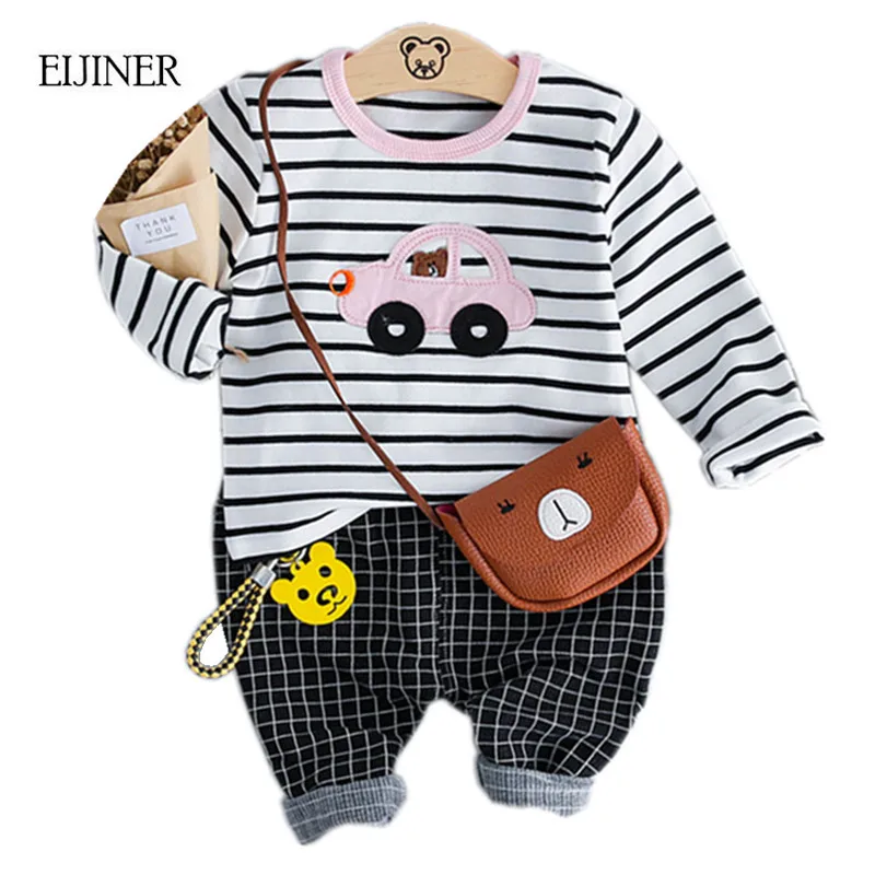 2pcs Print Car Baby Boys Clothing Set 2018 Autumn Striped Infant Children Clothing Cotton Long