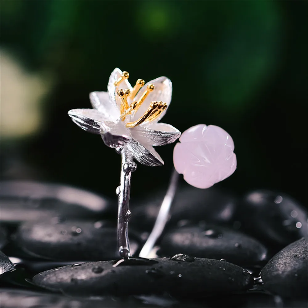Lotus Fun Real 925 Sterling Silver Natural Rose Quartz Handmade Fine Jewelry Flower Ring Lotus Whispers Rings for Women Bijoux