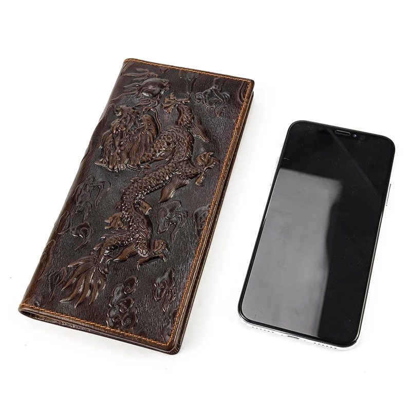 Fashion Genuine Leather Long Wallet 3D Dragon Embossed Purse Cowskin Leather Men Purse Card Wallet Bifold Phone Wallets Cowskin 3