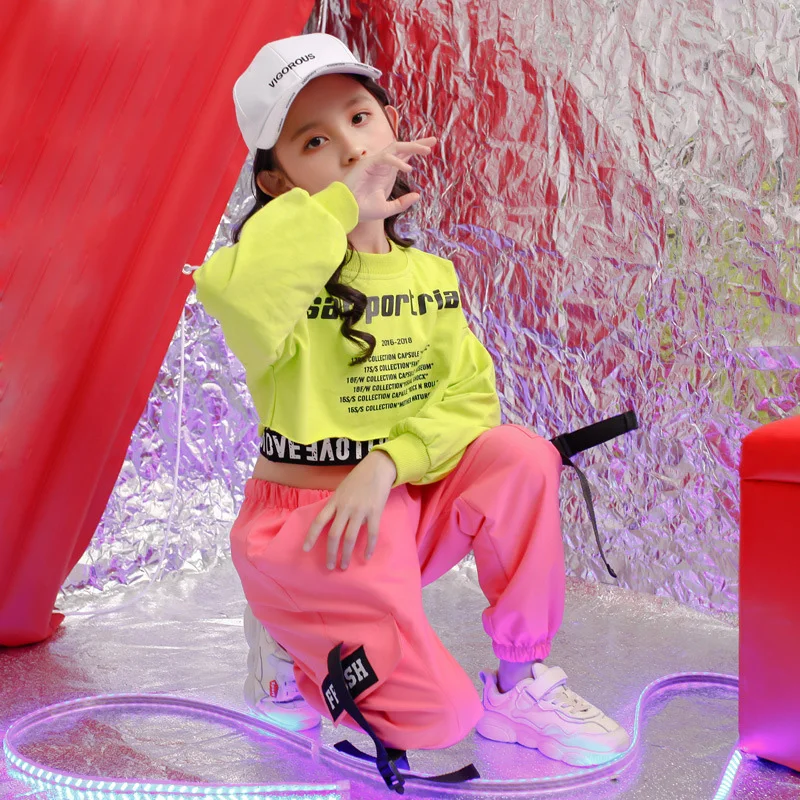 Kid Kpop Hip Hop Clothing Crop Top Long Sleeve T Shirt Tank Vest Streetwear Jogger Pants for Girl Jazz Dance Costume Clothes