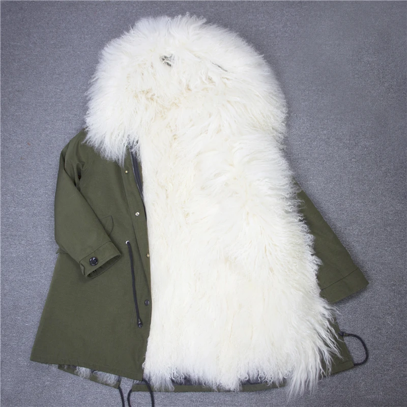

2019 Natural Mongolis Sheep Fur Collar Hood Parka Winter Jacket Coat Women Real Fur Khaki 3 In 1 Datachable Brand Luxury New