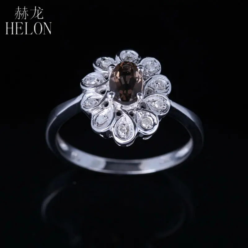 

HELON Sterling Silver 925 Oval Shape 6x4mm Genuine Smokey Quartz Pave Natural Diamonds Engagement Wedding Women's Flower Ring