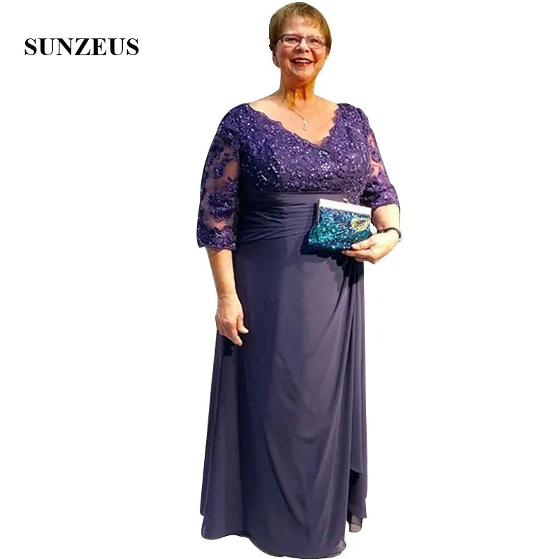 

2019 Long Chiffon Mother Of The Groom Dress With Half Sleeves A-line V-neck Appliques Bride Mother Dress Navy Blue Formal Gowns