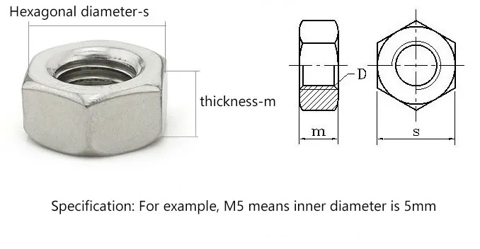 50 шт./лот DIN934 ISO4032 M1.6 M2 M3 M4 M5 m6 m8 m10 m12 M14 Шестигранная полная гайка 304 из нержавеющей стали шестигранная гайка с метрической резьбой