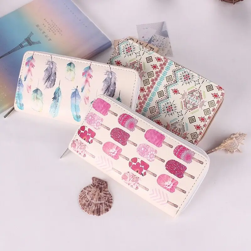 

Watermelon Pineapple Feather Ethnic style Stripe Popsicle Printed Long Wallets Three Layer Zipper Card Holder Mall Pocket Purses