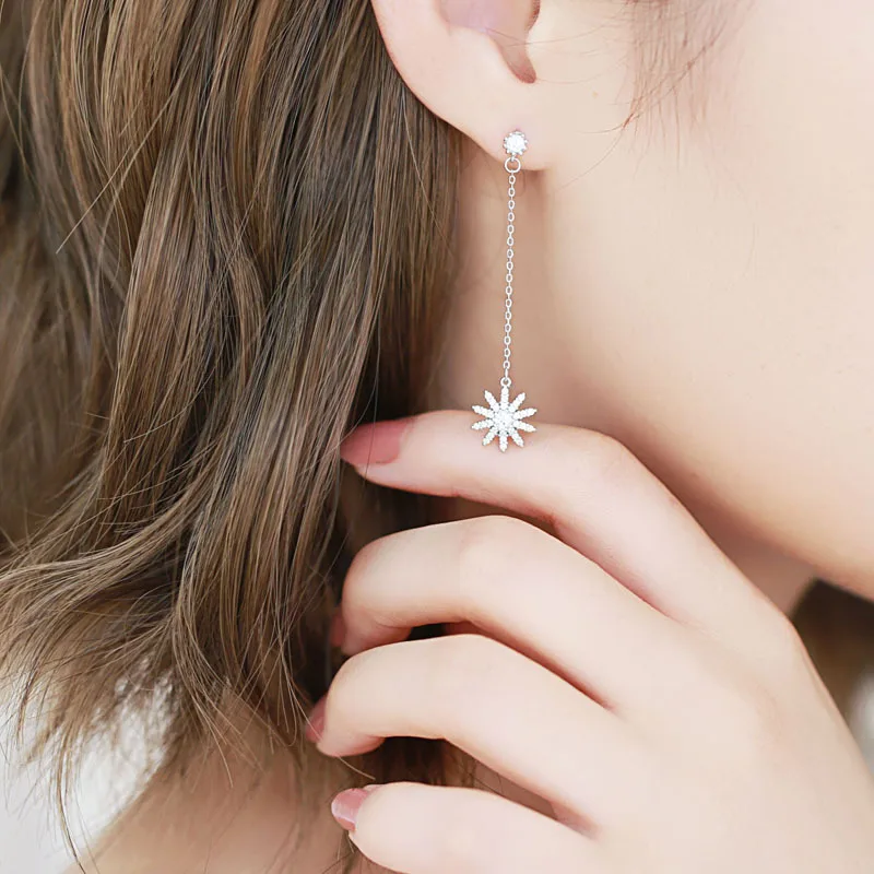 Sun flower cz асимметричные серьги 100% стерлингового серебра 925 пробы ювелирные изделия