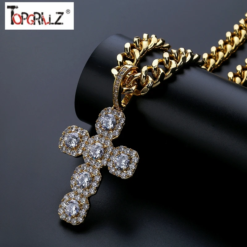 

New Custom Iced Out Big Solid CZ Cross Pendant Necklace With 12mm Cuban Chain Mens Hip Hop Gold Silver Color Charm Jewelry