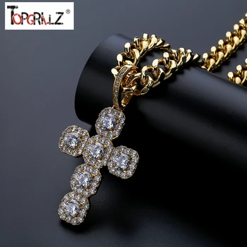 

New Iced Out Big Solid CZ Cross Pendant Necklace With 12mm Cuban Chain Mens Hip Hop Gold Silver Color Charm Jewelry
