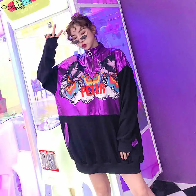 Панк-рок BAD GIRL печати Sweatershirt фиолетовый глянцевый 2018 женский, черный пуловер хип-хоп Лоскутная Топы Для зима-осень LT468S50